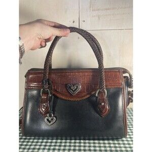 Vintage Brighton Leather Purse Black & Brown Crocodile Heart Charm Satchel Y2K